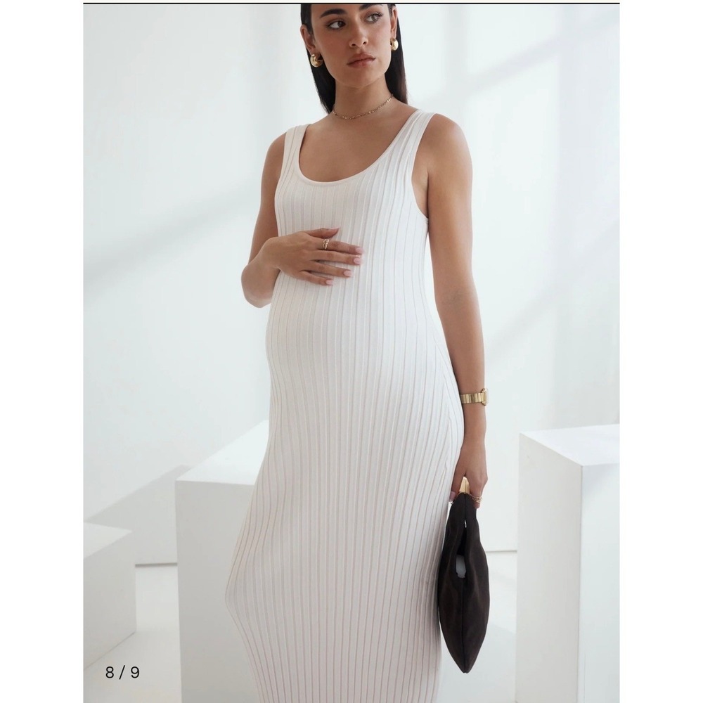 White Ribbed Knit Maternity Maxi Dress Sleeveless Scoop Neck Bodycon Tank Dress - Picture 3 of 12